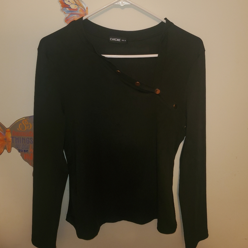 Chicme black blouse with gold tone details, Long sleeve, light weight.